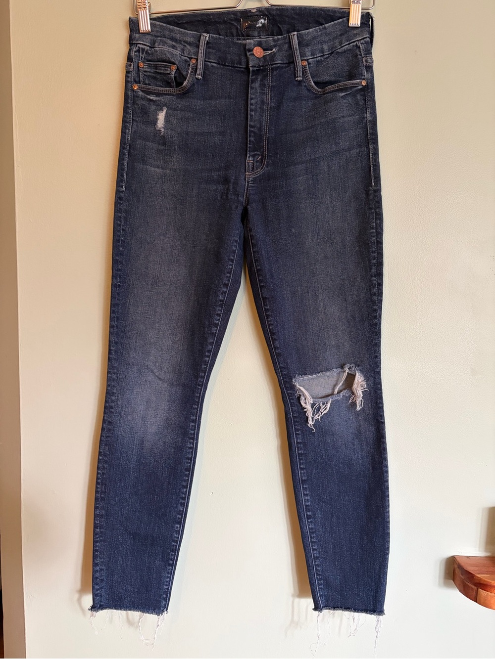 Mother High Waisted Looker Ankle Fray Jeans Cat Attack Distressed Skinny Blue 28
